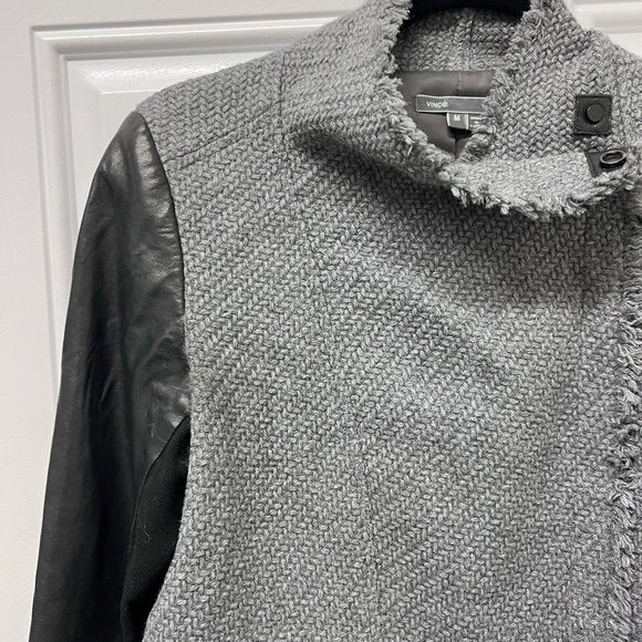 VINCE Gray and Black Blazer preppy leather with Asymmetrical Closure M - Picture 8 of 11